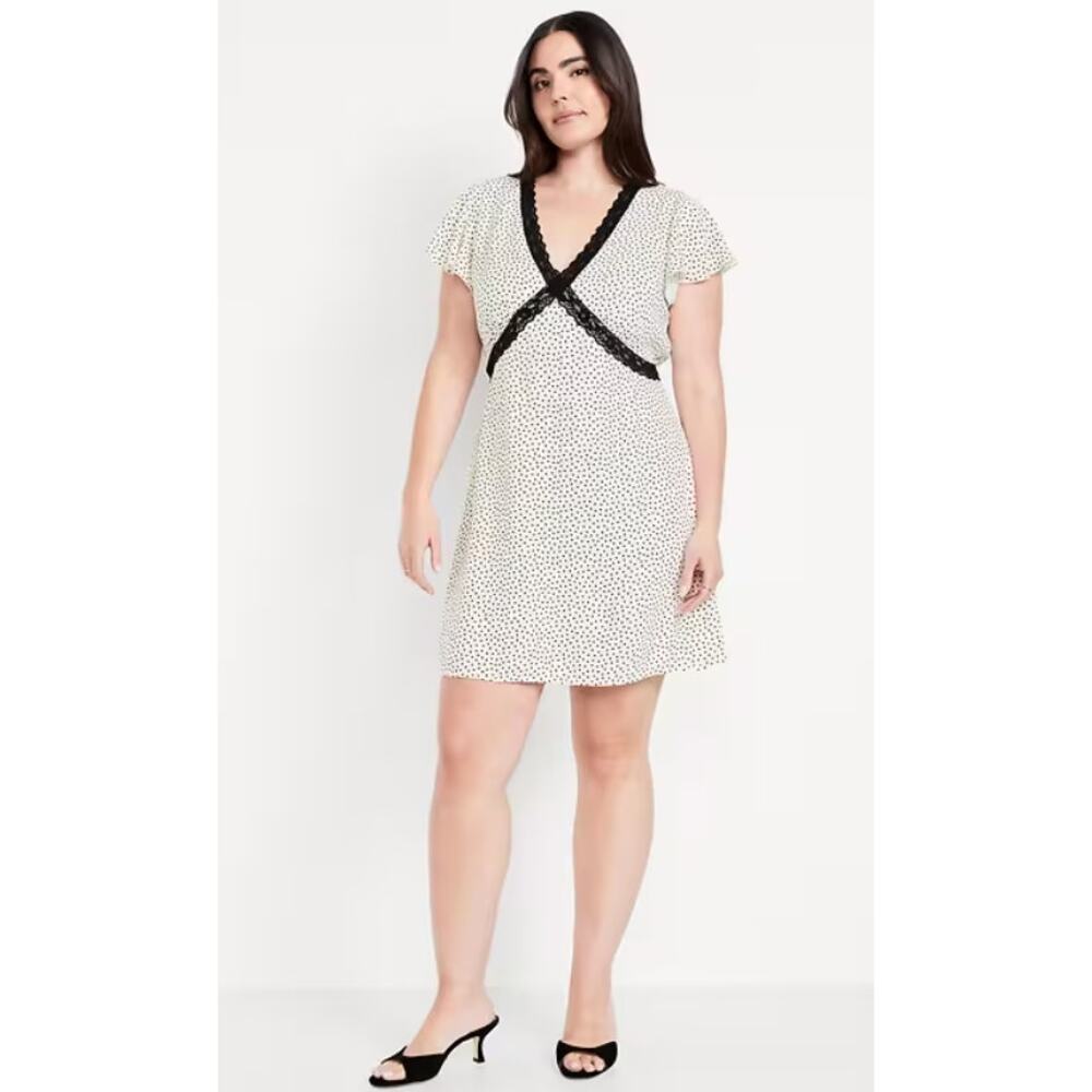 Old Navy Fit & Flare Crepe Lace-Trim Mini Dress in Black Dot size XXL
